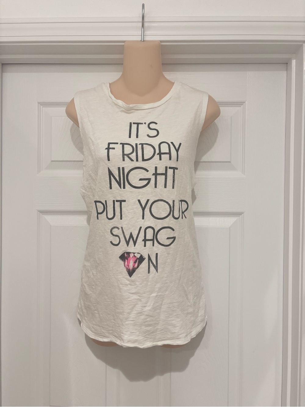 Forever 21 White Graphic Tank with Black Text and Pink Accent